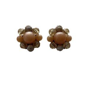Vintage 1950s Faux Pearl Sea Cream Orange Crystal Cluster Clip on Earrings